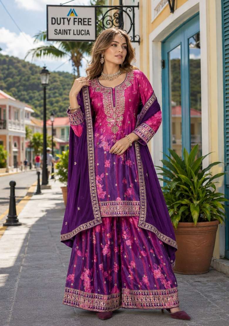 Purple Floral Print Silk Kurta Set - Indya