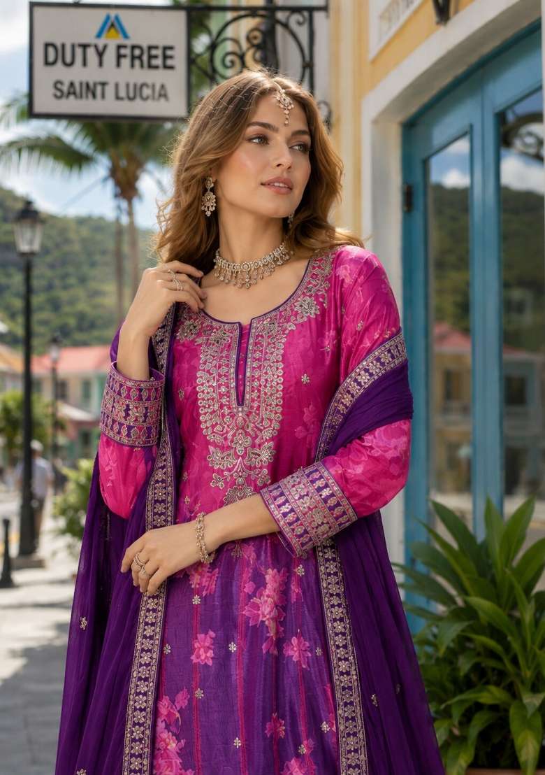 Purple Floral Print Silk Kurta Set - Indya