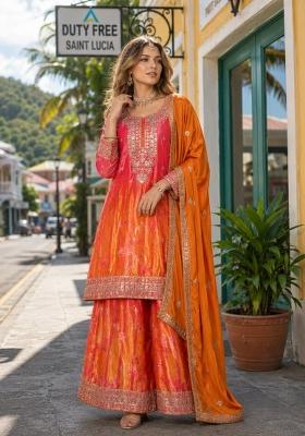 Orange Floral Print Silk Kurta Set