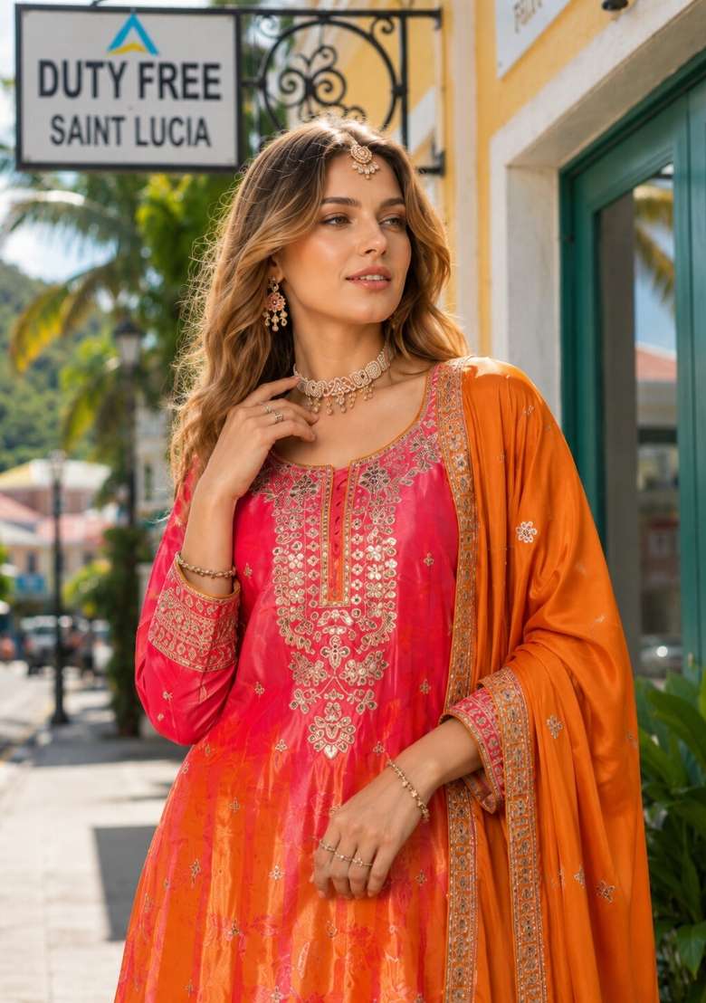 Orange Floral Print Silk Kurta Set - Indya
