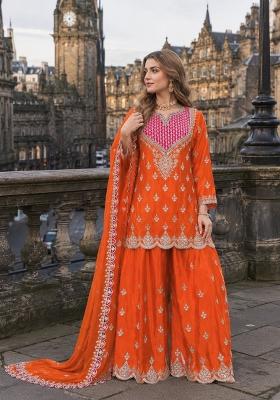 Orange Sequin Work Silk Kurta Set