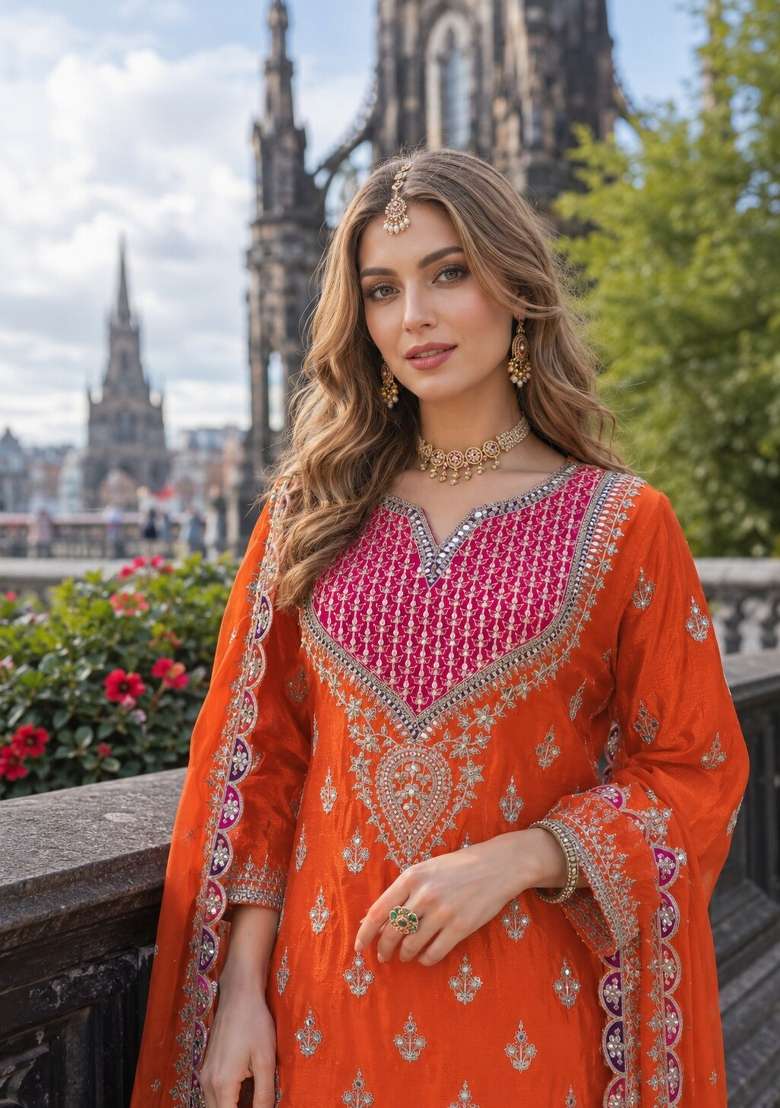 Orange Sequin Work Silk Kurta Set - Indya