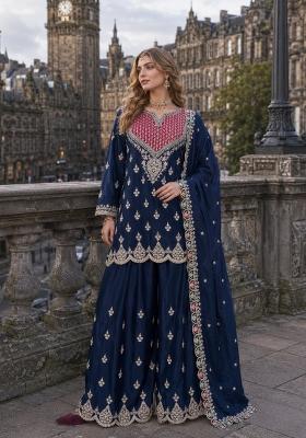 Navy Blue Sequin Work Silk Kurta Set