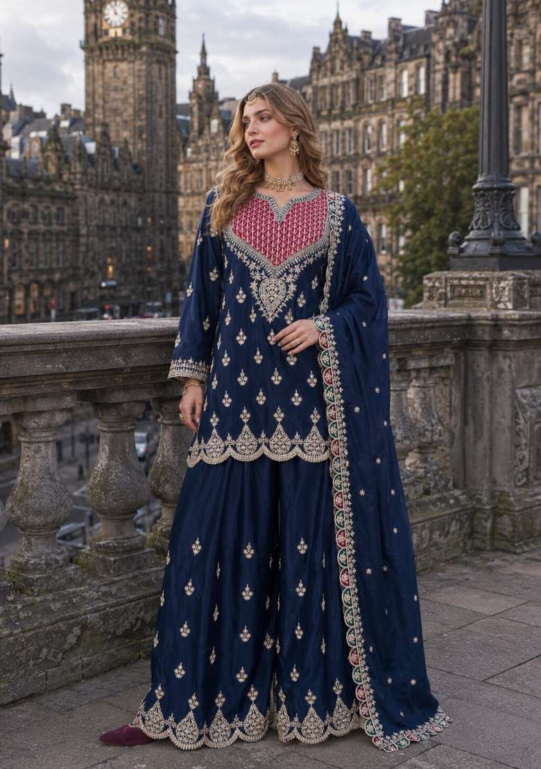 Navy Blue Sequin Work Silk Kurta Set - Indya