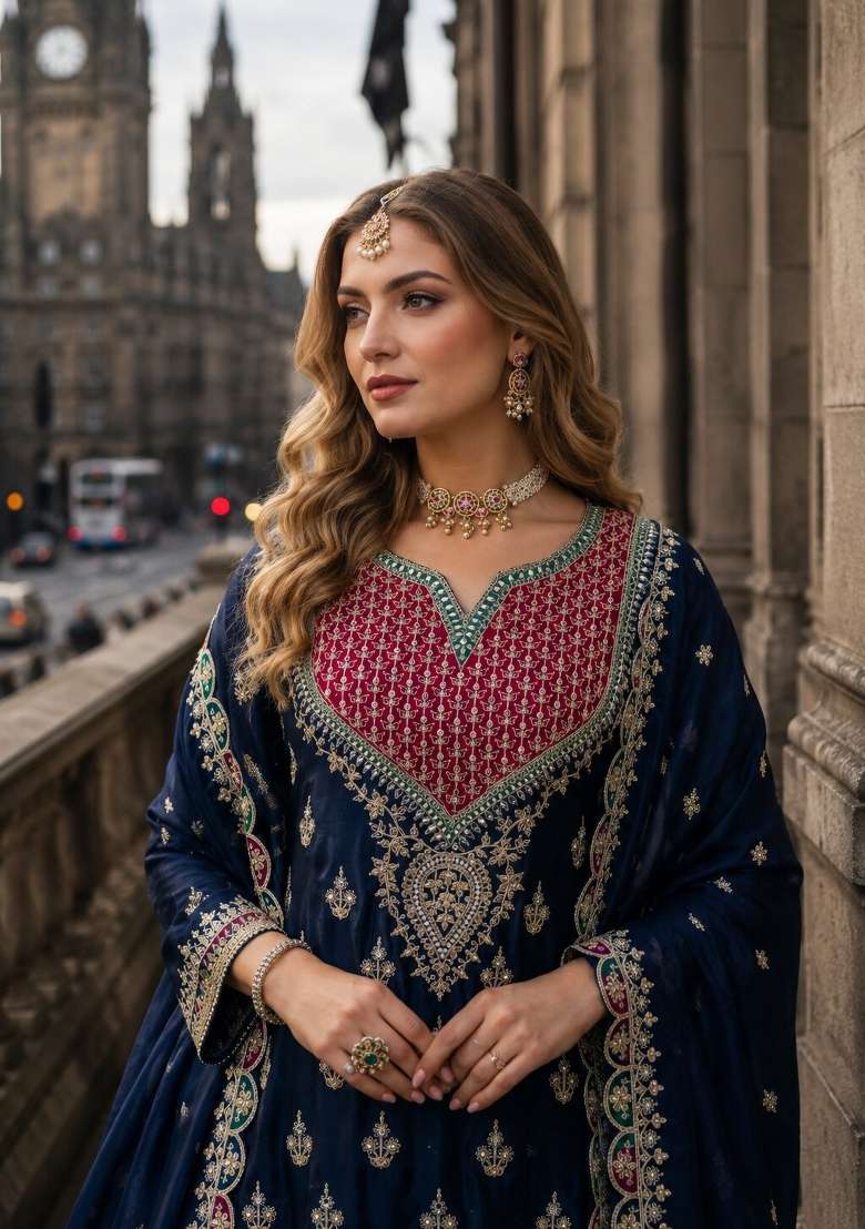 Navy Blue Sequin Work Silk Kurta Set - Indya