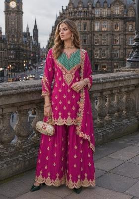 Hot Pink Sequin Work Silk Kurta Set