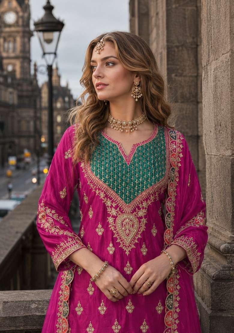 Hot Pink Sequin Work Silk Kurta Set - Indya