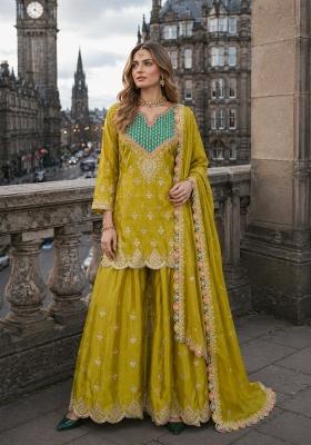 Mustard Sequin Work Silk Kurta Set