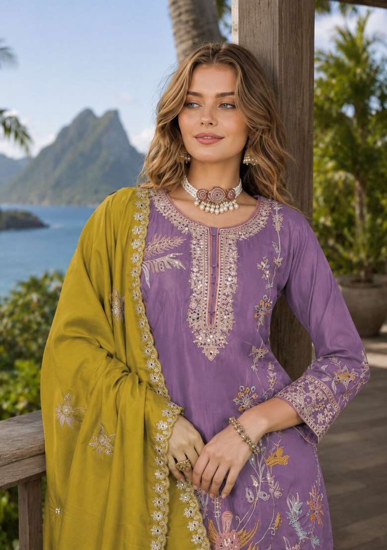 Purple Sequin Work Shimmer Kurta Set - Indya