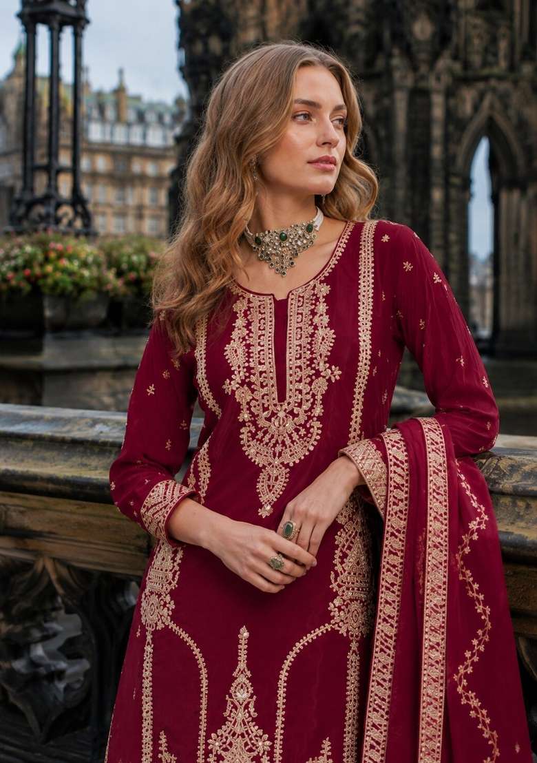 Maroon Sequin Work Silk Kurta Set - Indya