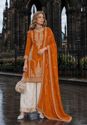 Orange Sequin Work Silk Kurta Set