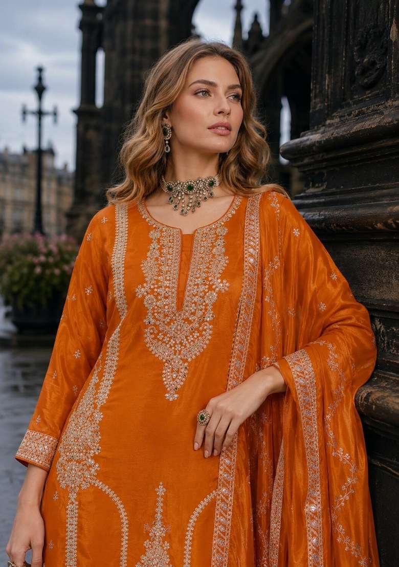 Orange Sequin Work Silk Kurta Set - Indya