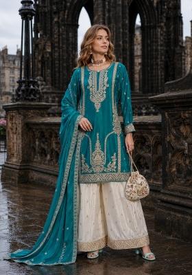 Blue Sequin Work Silk Kurta Set