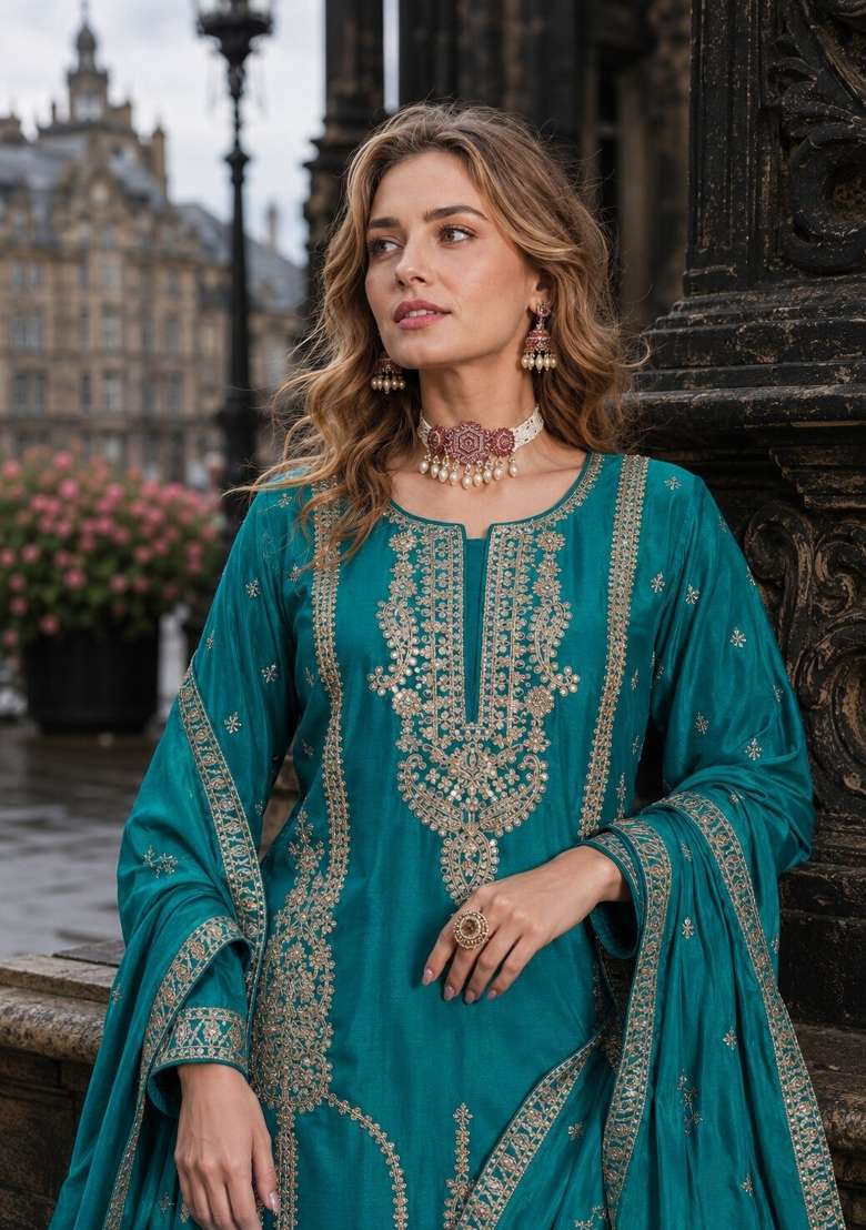 Blue Sequin Work Silk Kurta Set - Indya