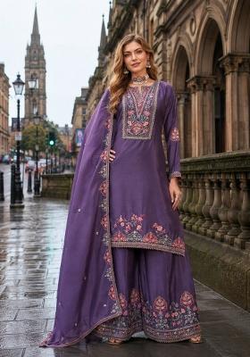 Purple Sequin Work Silk Kurta Set