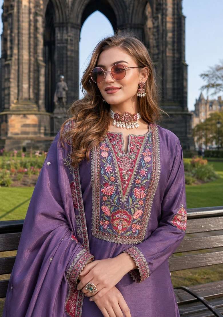 Purple Sequin Work Silk Kurta Set - Indya