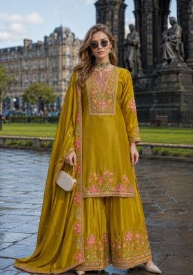 Mustard Sequin Work Silk Kurta Set