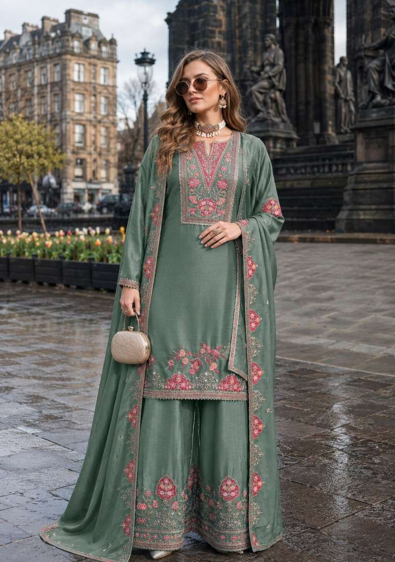 Sea Green Sequin Work Silk Kurta Set - Indya