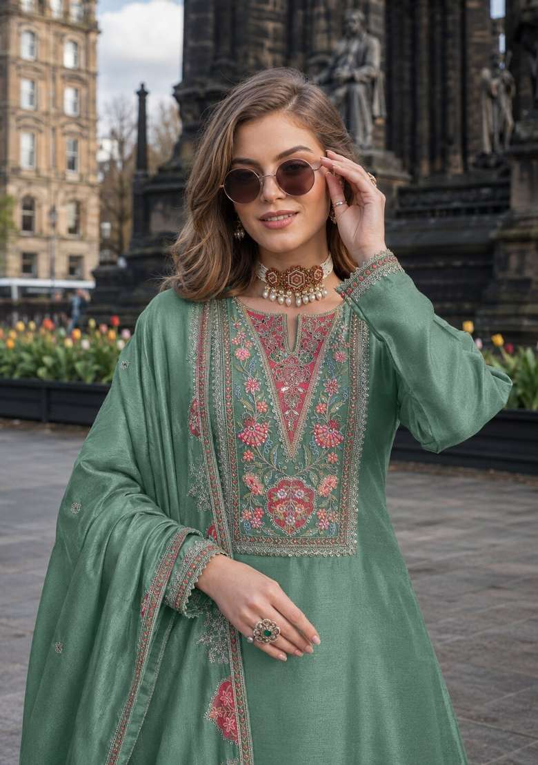 Sea Green Sequin Work Silk Kurta Set - Indya