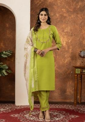Parrot Green Embroidered Silk Kurta Set