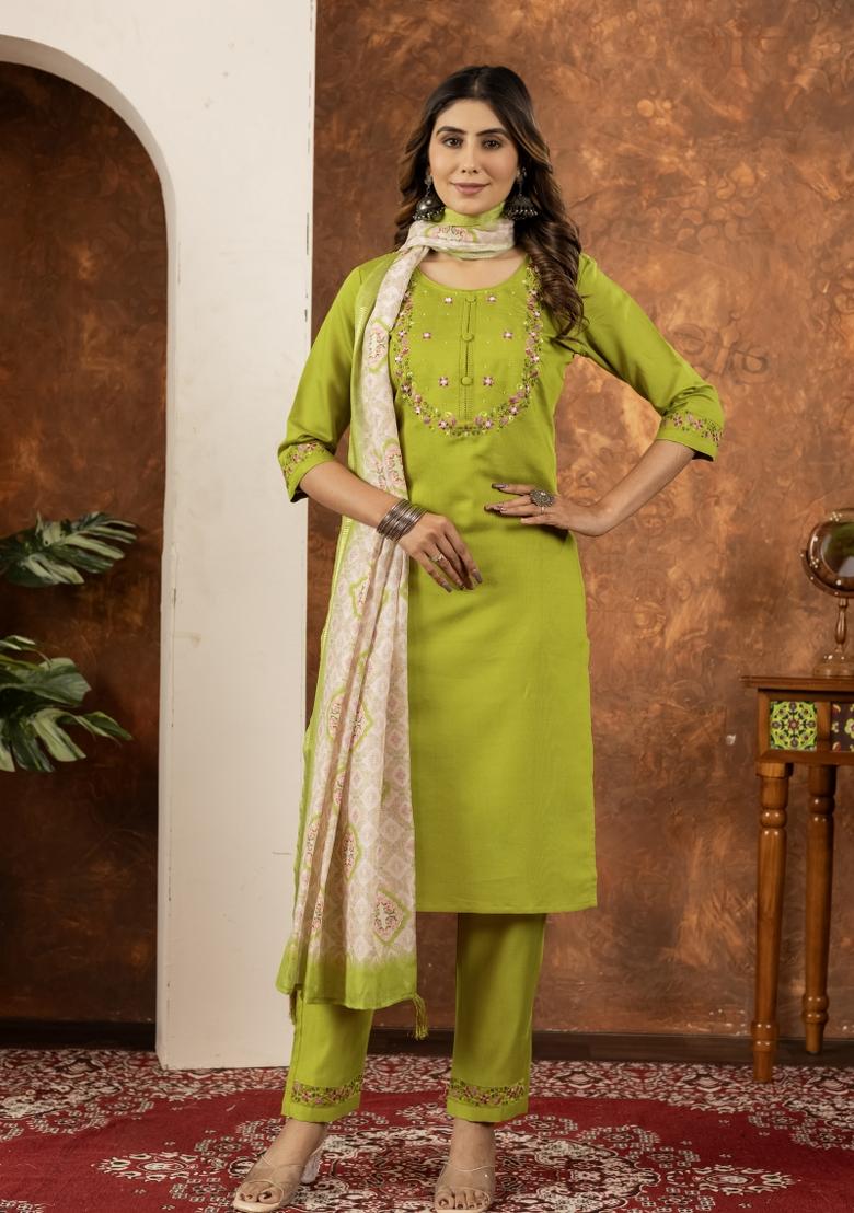 Parrot Green Embroidered Silk Kurta Set - Indya