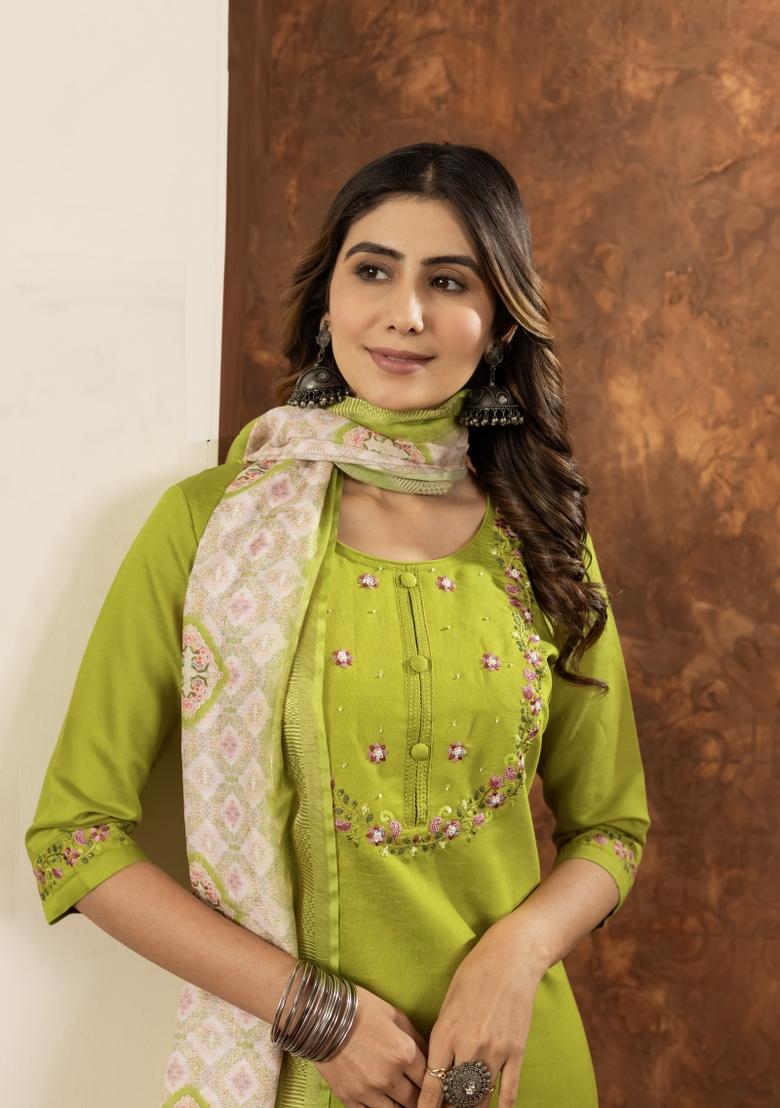 Parrot Green Embroidered Silk Kurta Set - Indya