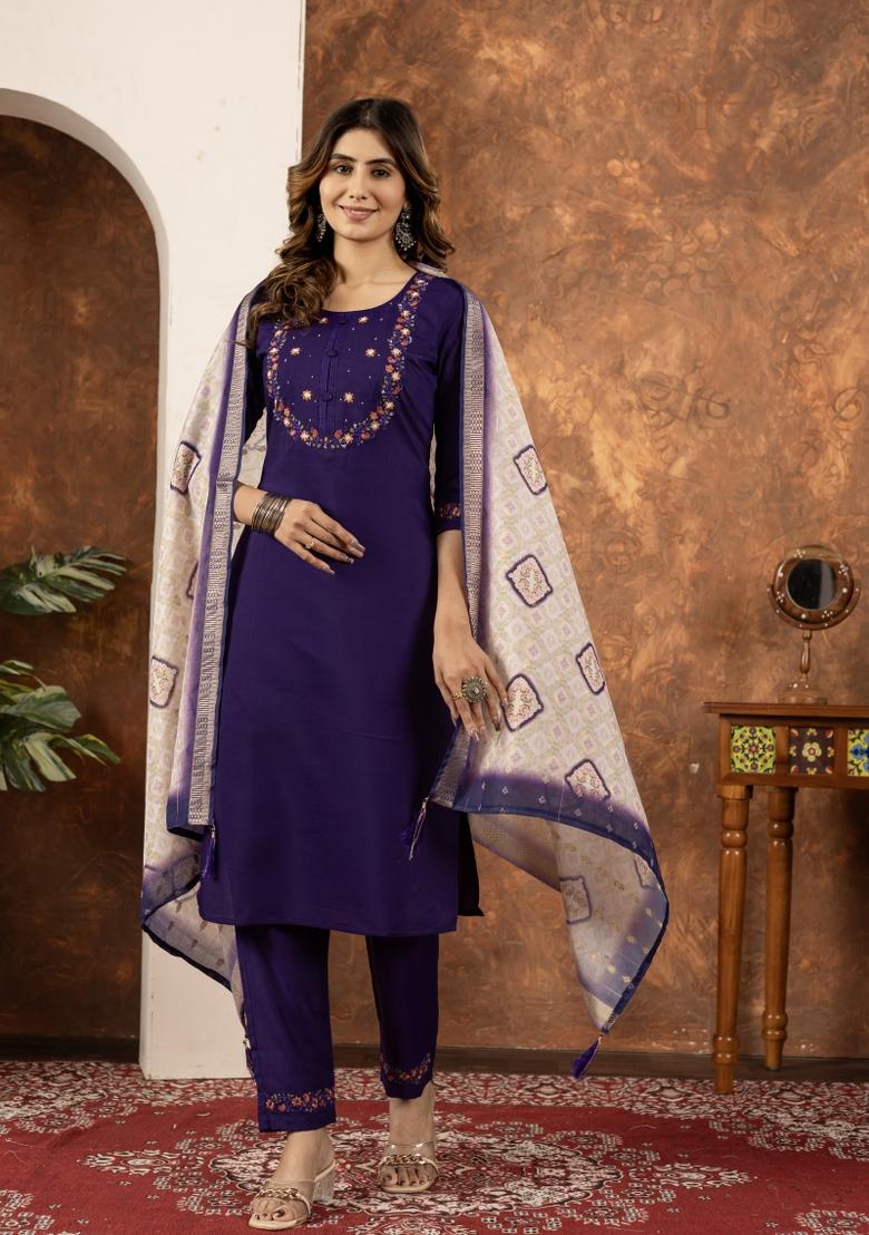 Purple Embroidered Silk Kurta Set - Indya