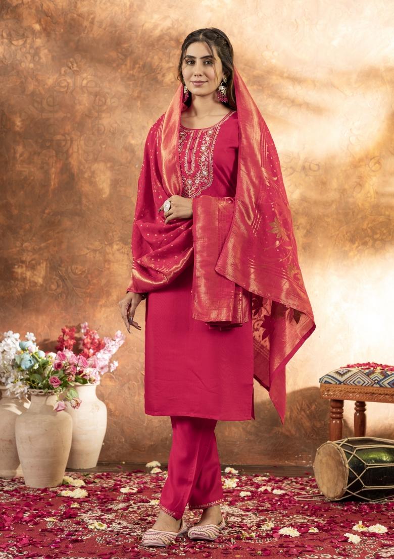 Pink Embroidered Silk Kurta Set - Indya