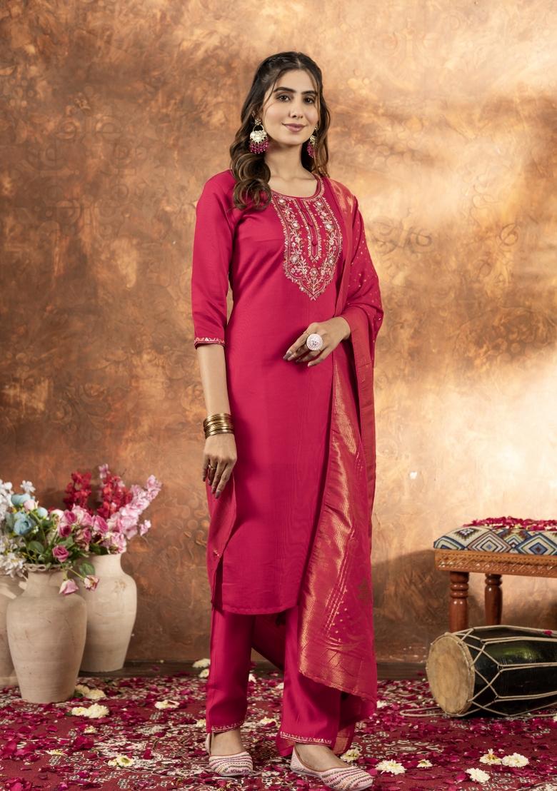 Pink Embroidered Silk Kurta Set - Indya