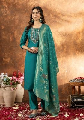 Rama Green Embroidered Silk Kurta Set