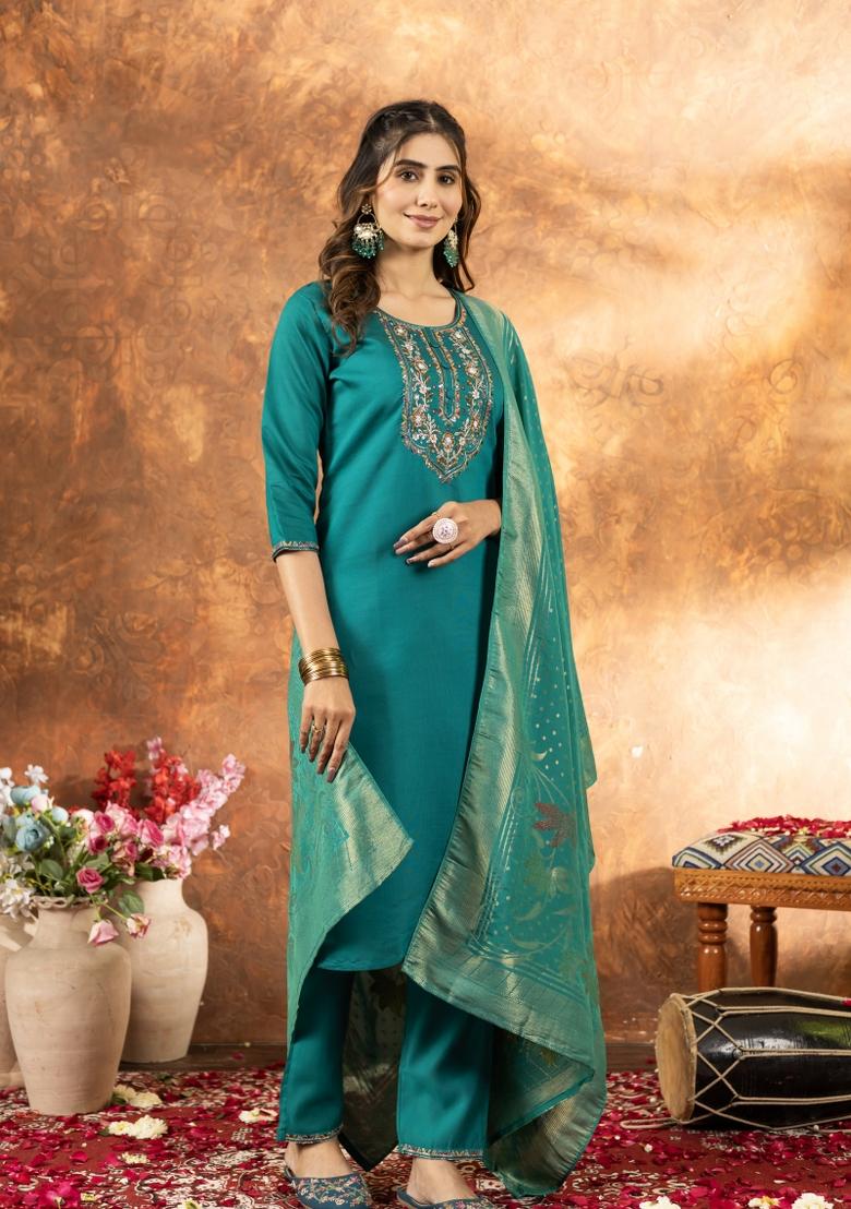 Rama Green Embroidered Silk Kurta Set - Indya
