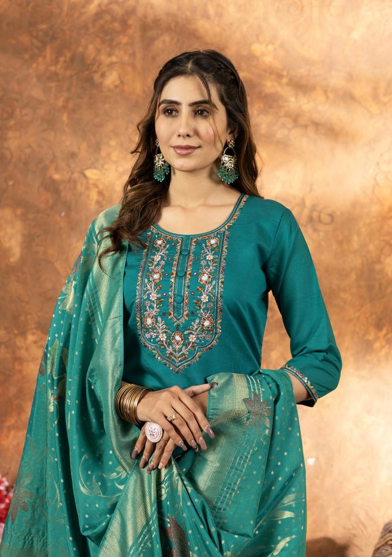 Rama Green Embroidered Silk Kurta Set - Indya