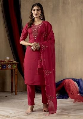 Rani Pink Embroidered Silk Kurta Set