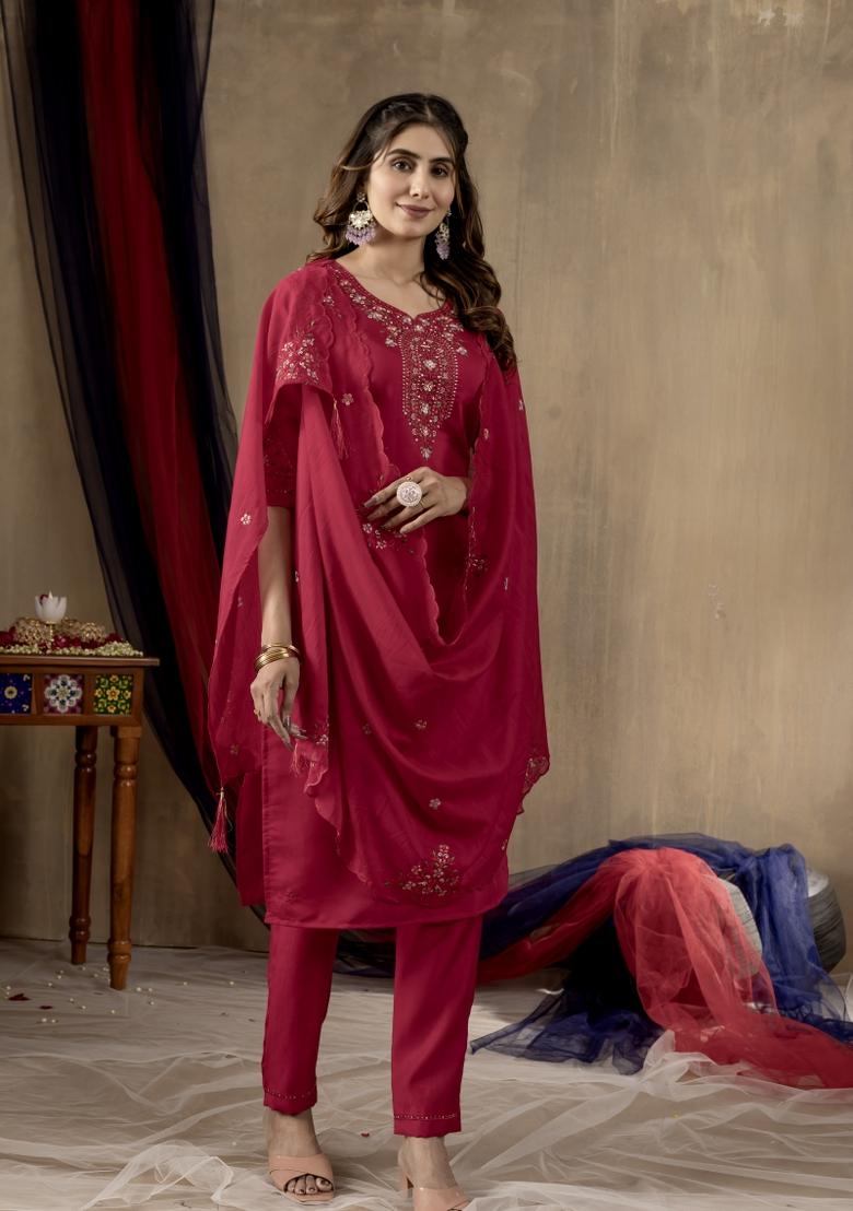 Rani Pink Embroidered Silk Kurta Set - Indya
