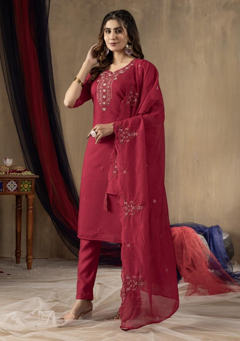 Rani Pink Embroidered Silk Kurta Set - Indya