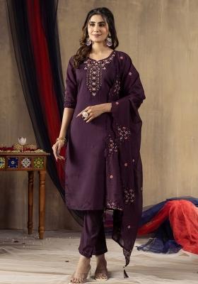 Wine Embroidered Silk Kurta Set