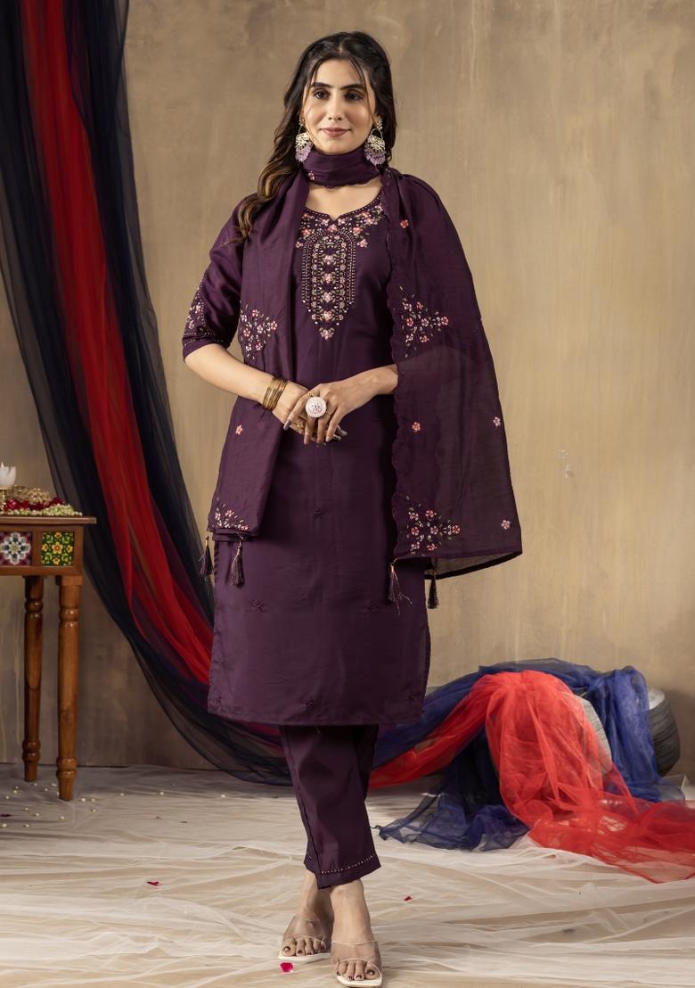 Wine Embroidered Silk Kurta Set - Indya