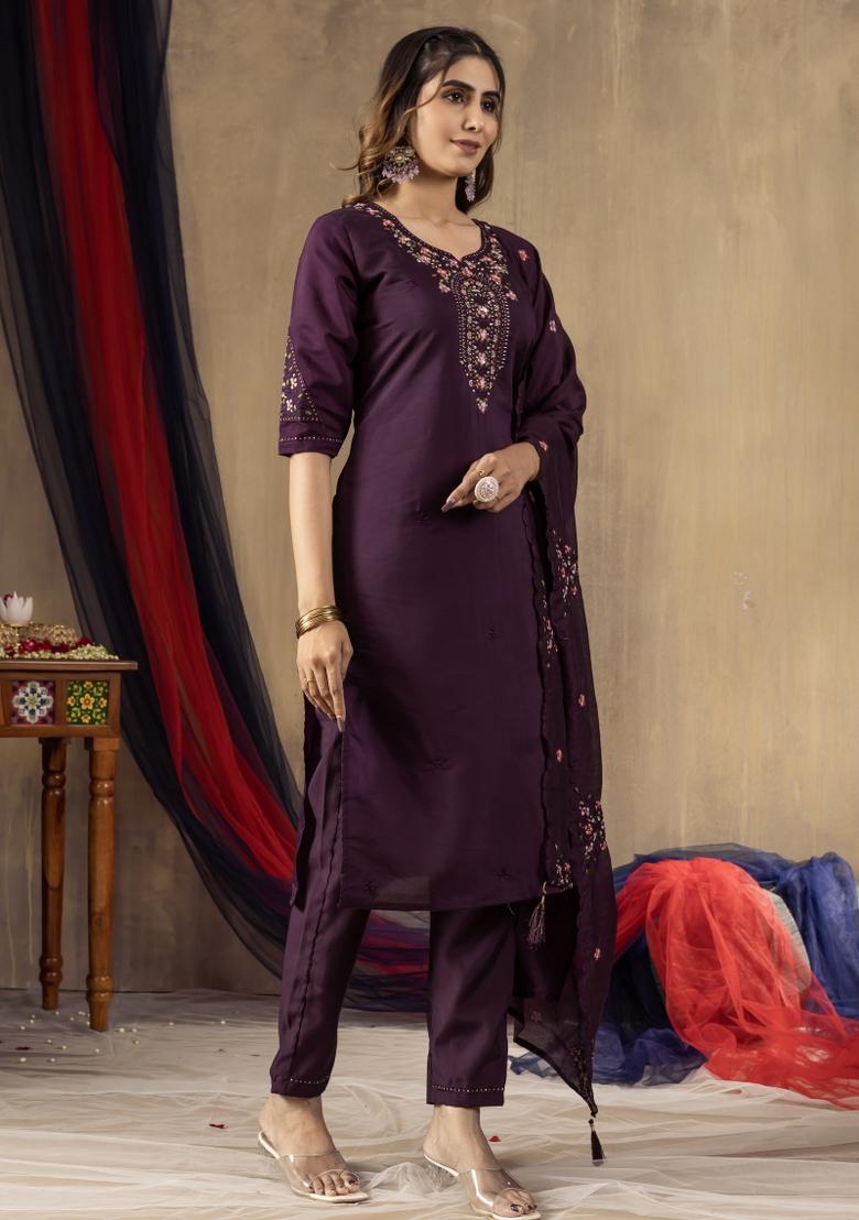 Wine Embroidered Silk Kurta Set - Indya