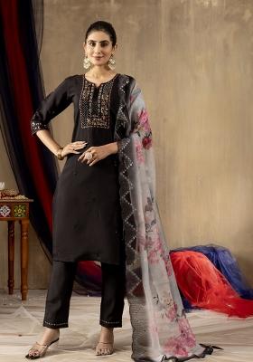 Black Embroidered Silk Kurta Set