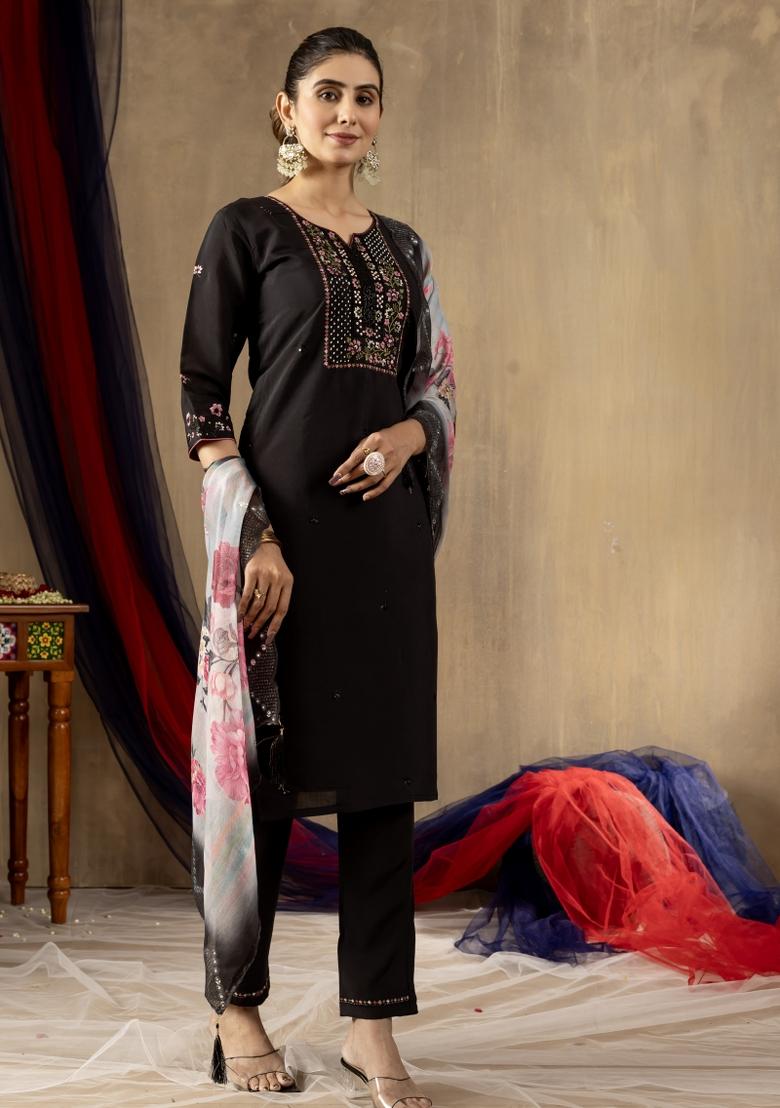 Black Embroidered Silk Kurta Set - Indya