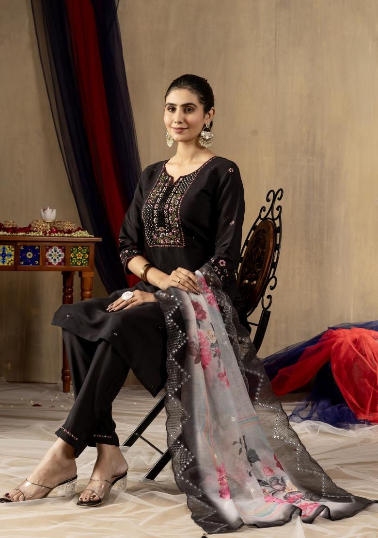 Black Embroidered Silk Kurta Set - Indya