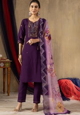 Purple Embroidered Silk Kurta Set