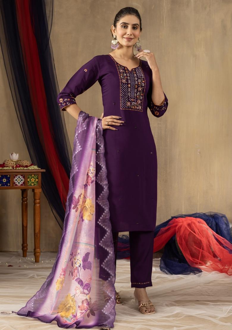 Purple Embroidered Silk Kurta Set - Indya