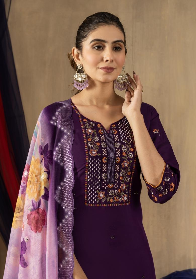 Purple Embroidered Silk Kurta Set - Indya