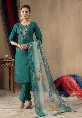 Rama Green Embroidered Silk Kurta Set