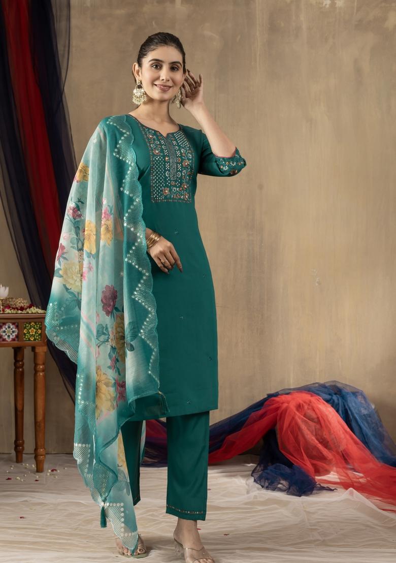 Rama Green Embroidered Silk Kurta Set - Indya