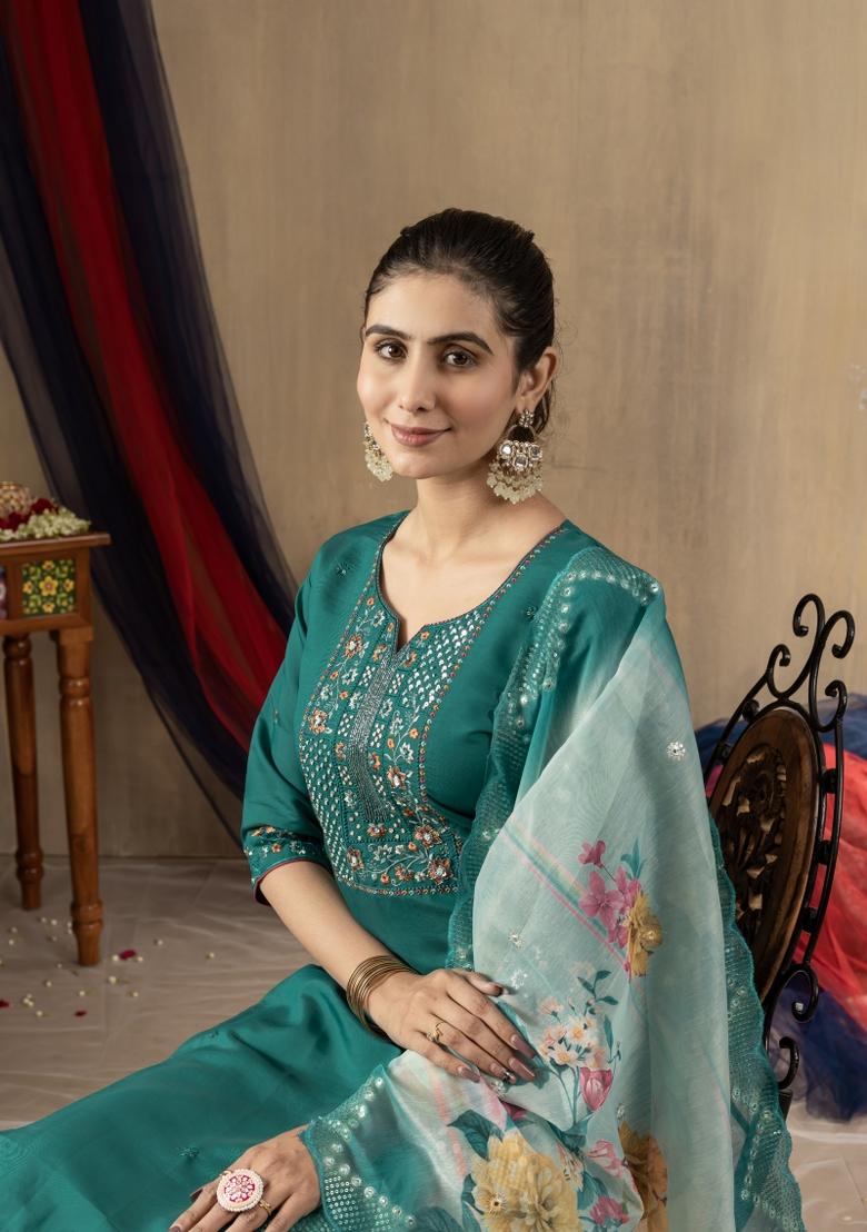 Rama Green Embroidered Silk Kurta Set - Indya