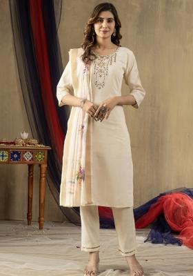 Off White Embroidered Silk Kurta Set