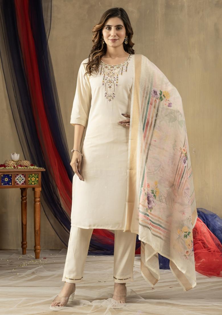 Off White Embroidered Silk Kurta Set - Indya