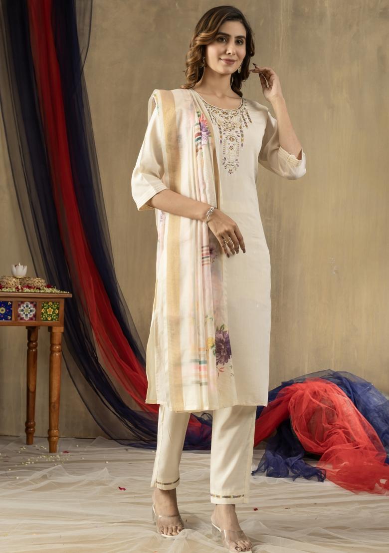 Off White Embroidered Silk Kurta Set - Indya